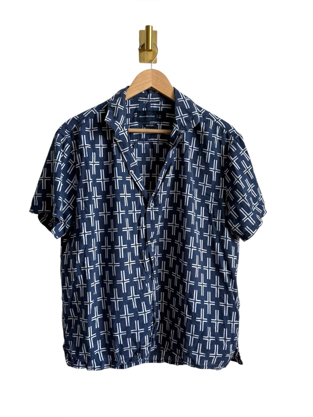 Abercrombie & Fitch Men's Resort Camp Collar Geometric Shirt Navy Size S